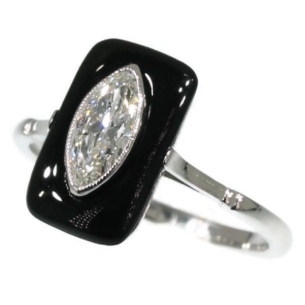 Art Deco platinum engagement ring navette cut diamond in onyx